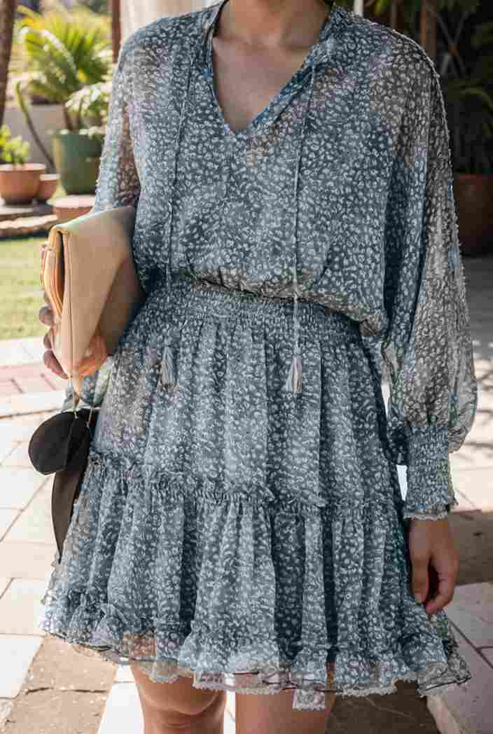 loose leopard print v neck dress drop shoulder a line closed cape paneled 118789
