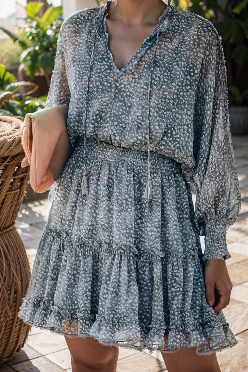 loose leopard print v neck dress drop shoulder a line closed cape paneled 111856