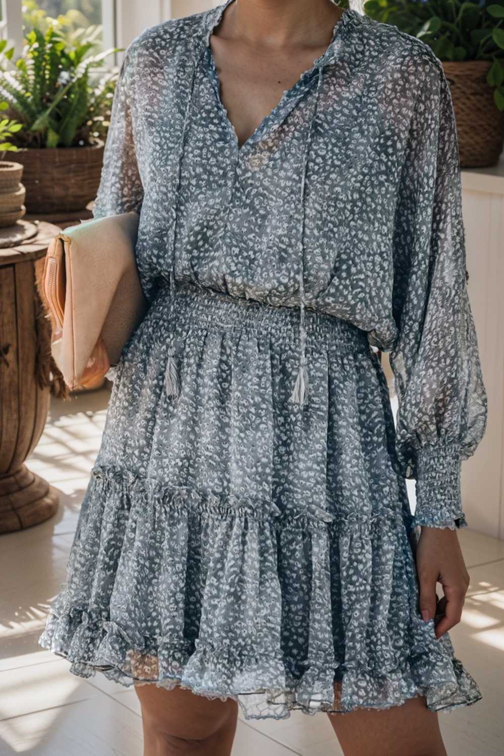 loose leopard print v neck dress drop shoulder a line closed cape paneled 124929