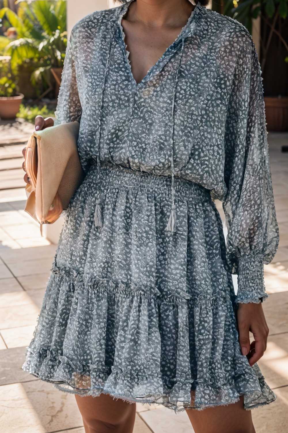 loose leopard print v neck dress drop shoulder a line closed cape paneled 115749