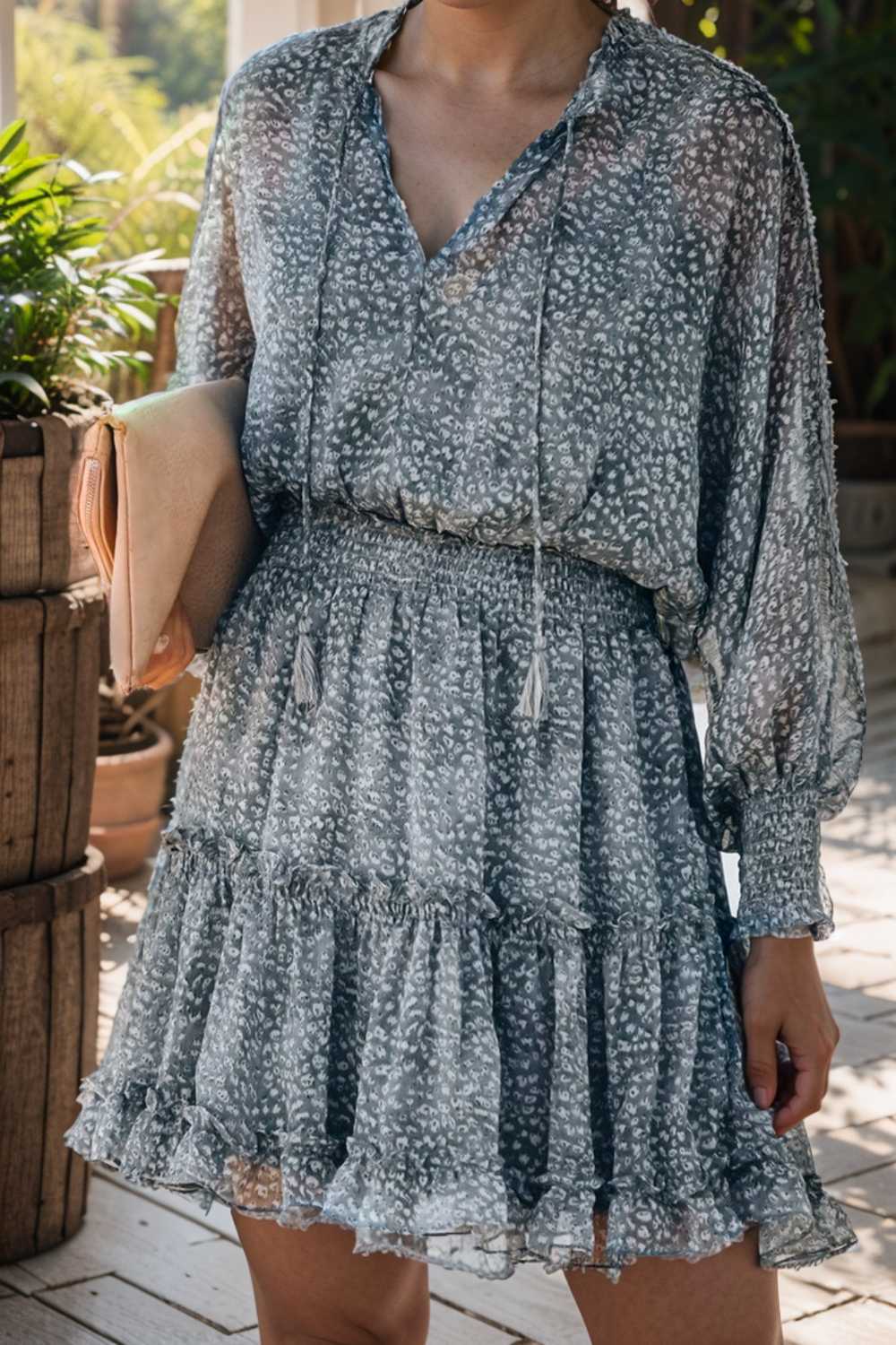 loose leopard print v neck dress drop shoulder a line closed cape paneled 115748