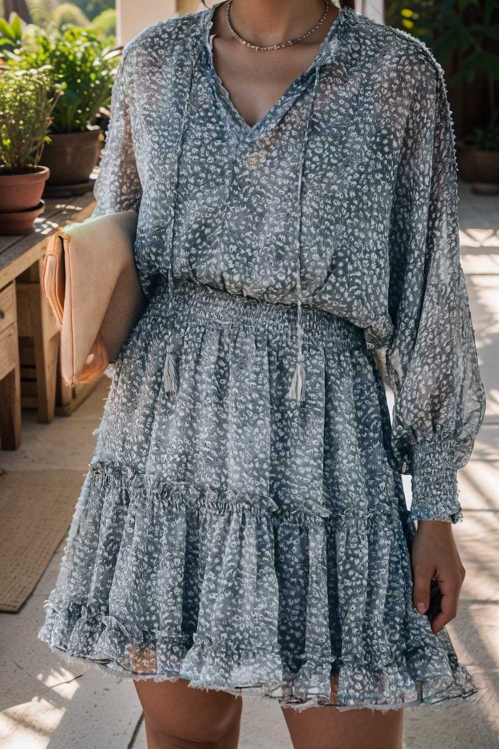 loose leopard print v neck dress drop shoulder a line closed cape paneled 124928