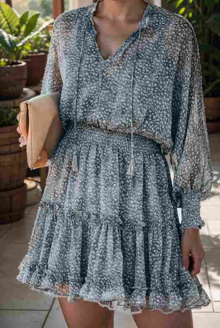 loose leopard print v neck dress drop shoulder a line closed cape paneled 118787