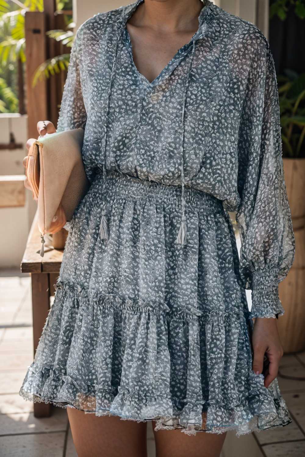 loose leopard print v neck dress drop shoulder a line closed cape paneled 124927