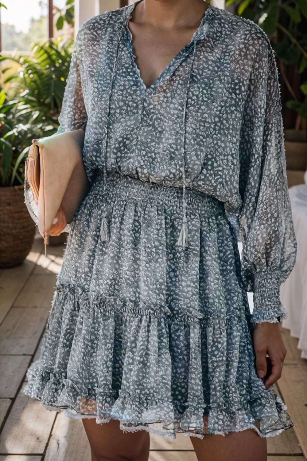 loose leopard print v neck dress drop shoulder a line closed cape paneled 111854
