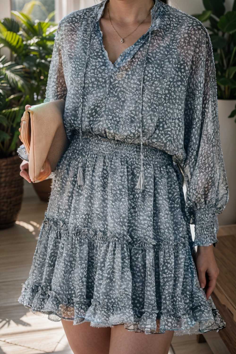 loose leopard print v neck dress drop shoulder a line closed cape paneled 115747