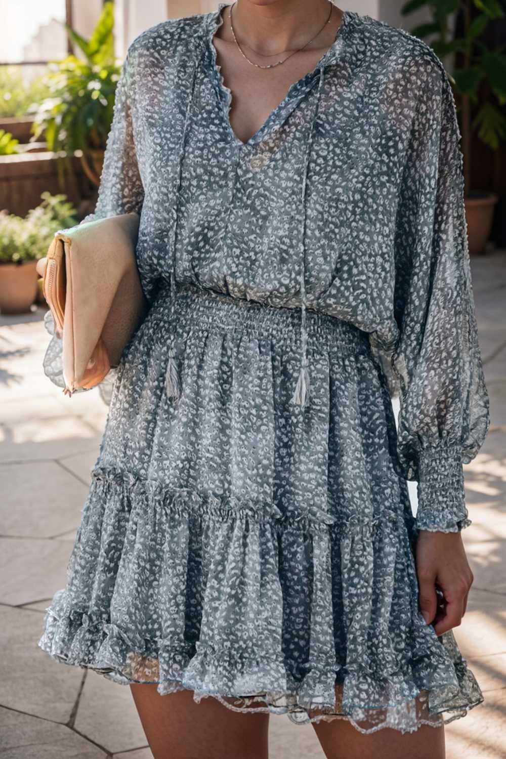 loose leopard print v neck dress drop shoulder a line closed cape paneled 132888