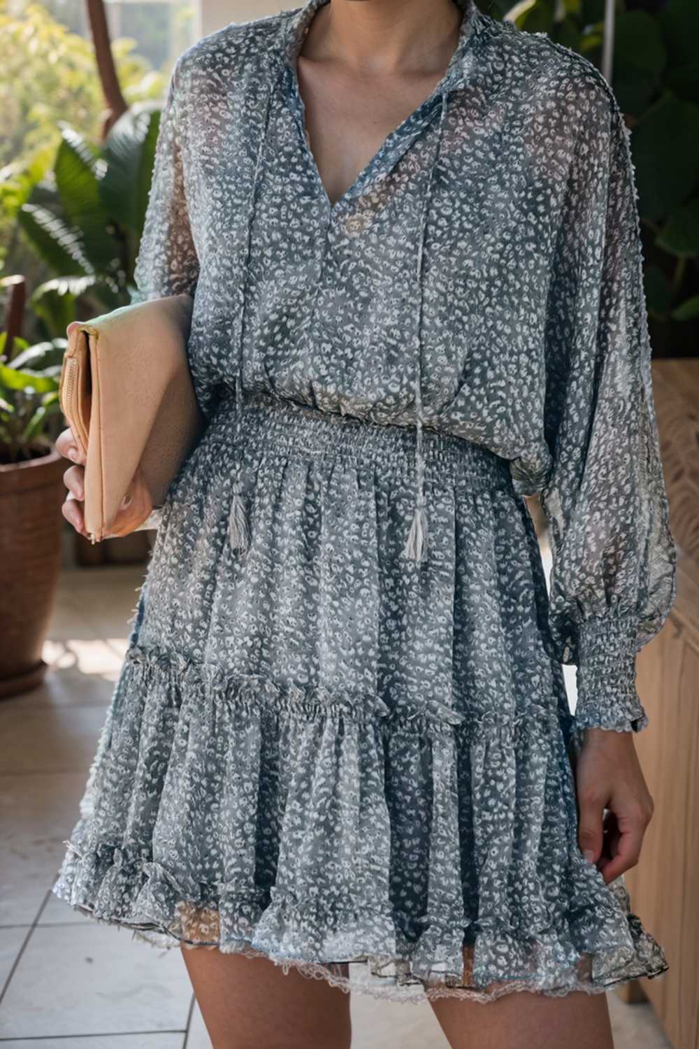 loose leopard print v neck dress drop shoulder a line closed cape paneled 111853