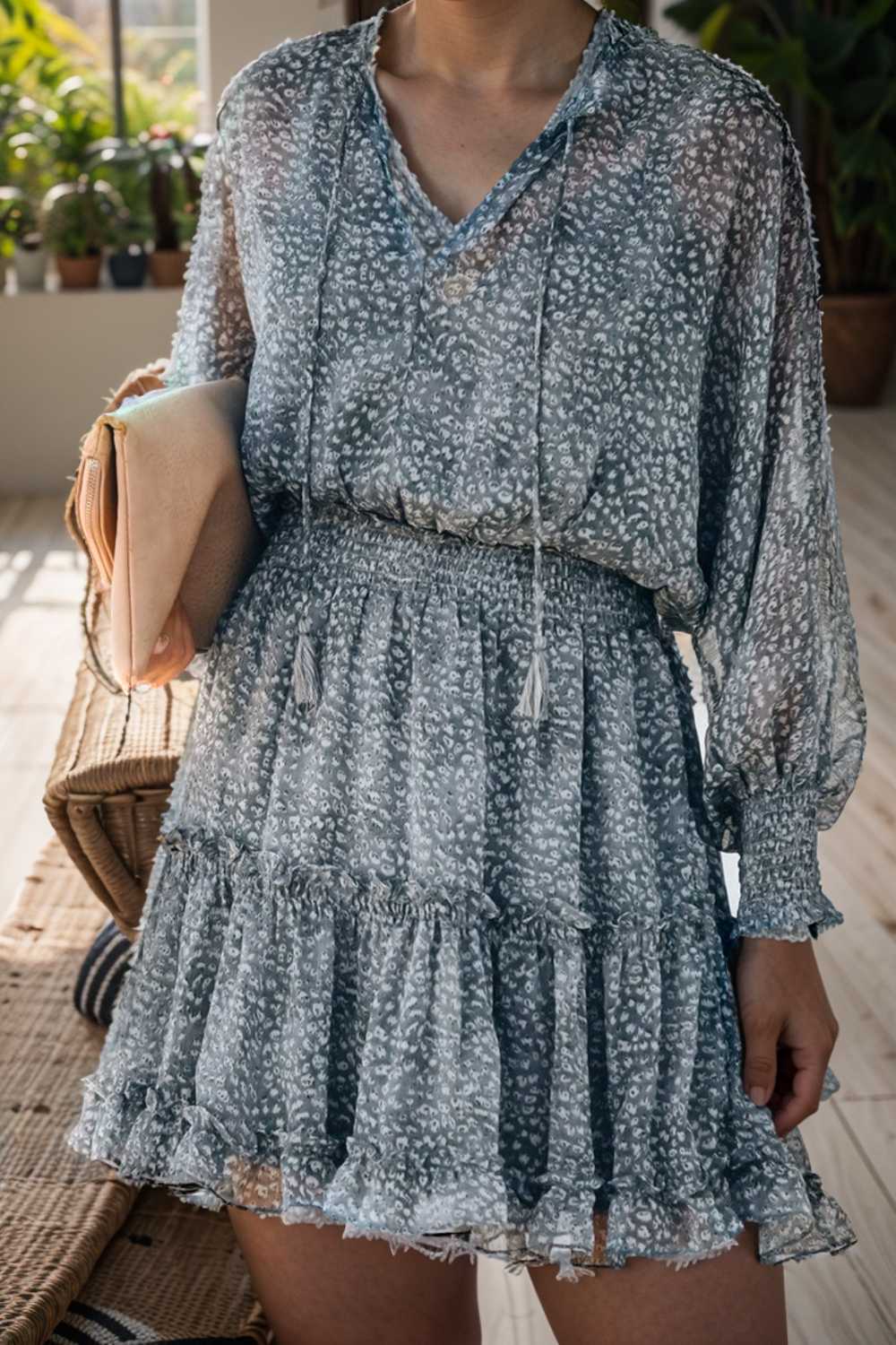 loose leopard print v neck dress drop shoulder a line closed cape paneled 132887