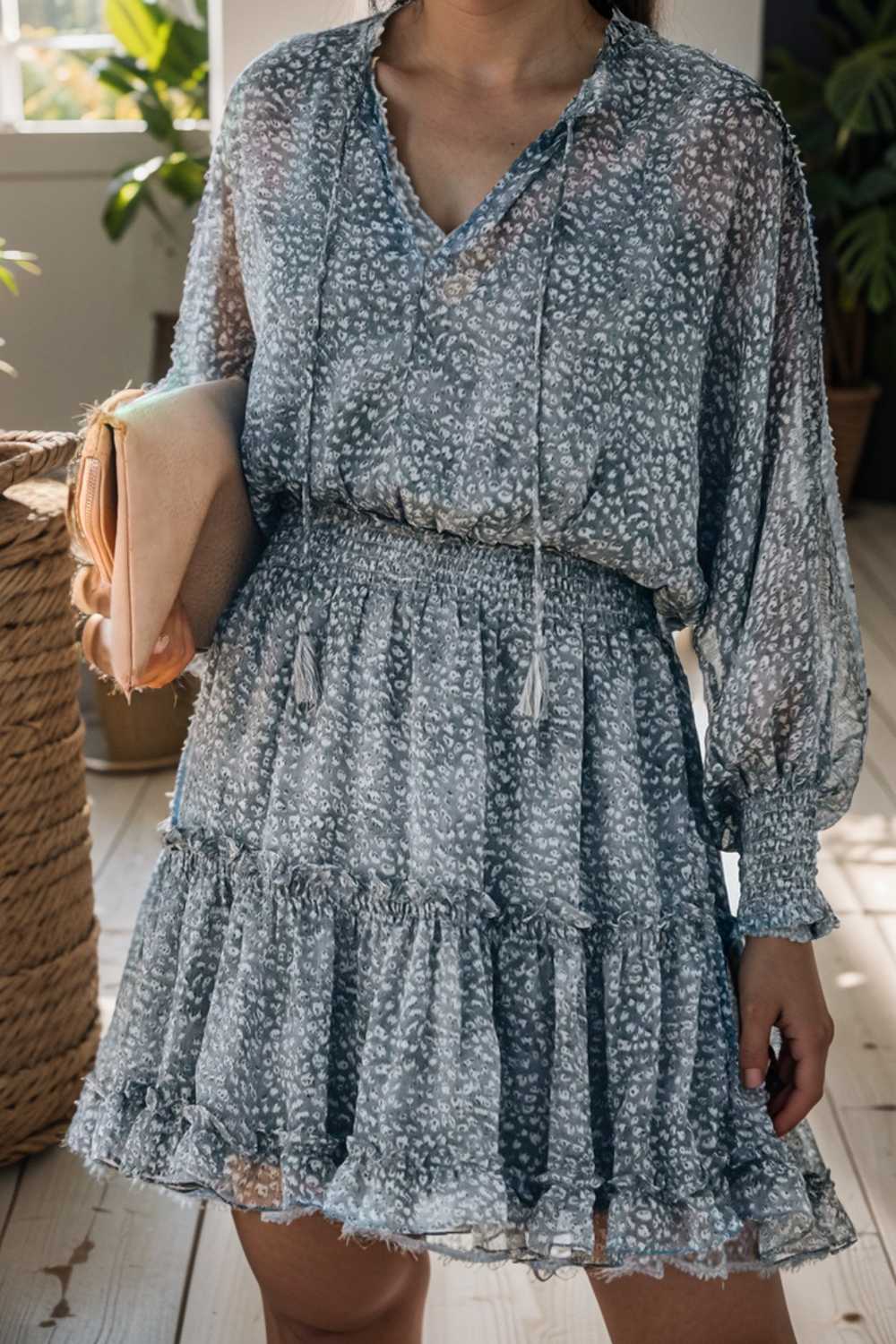 loose leopard print v neck dress drop shoulder a line closed cape paneled 105029