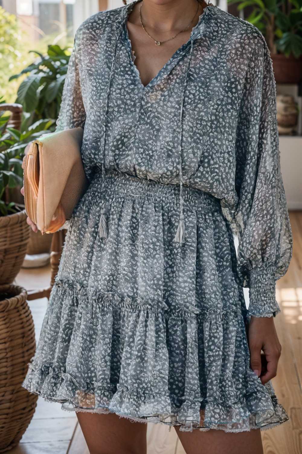 loose leopard print v neck dress drop shoulder a line closed cape paneled 115746