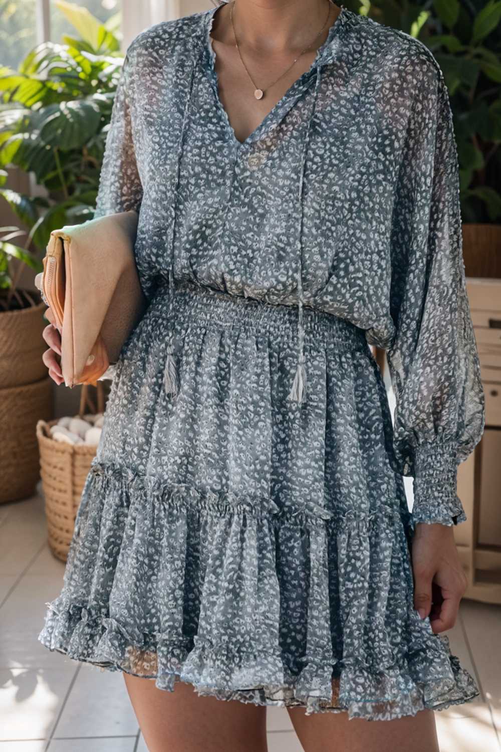 loose leopard print v neck dress drop shoulder a line closed cape paneled 111852