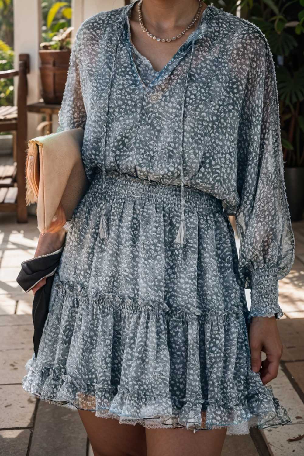 loose leopard print v neck dress drop shoulder a line closed cape paneled 132886