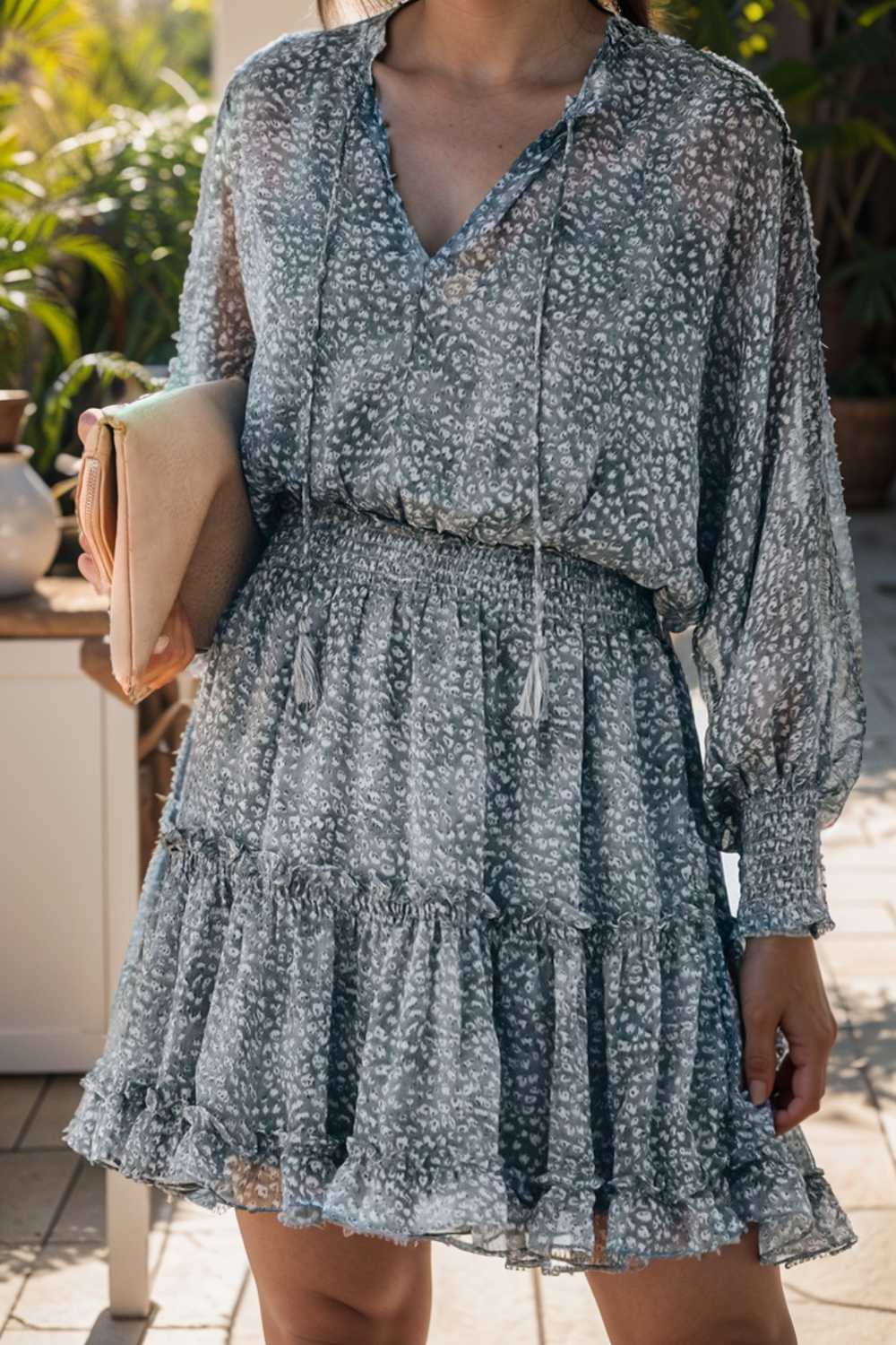 loose leopard print v neck dress drop shoulder a line closed cape paneled 115745