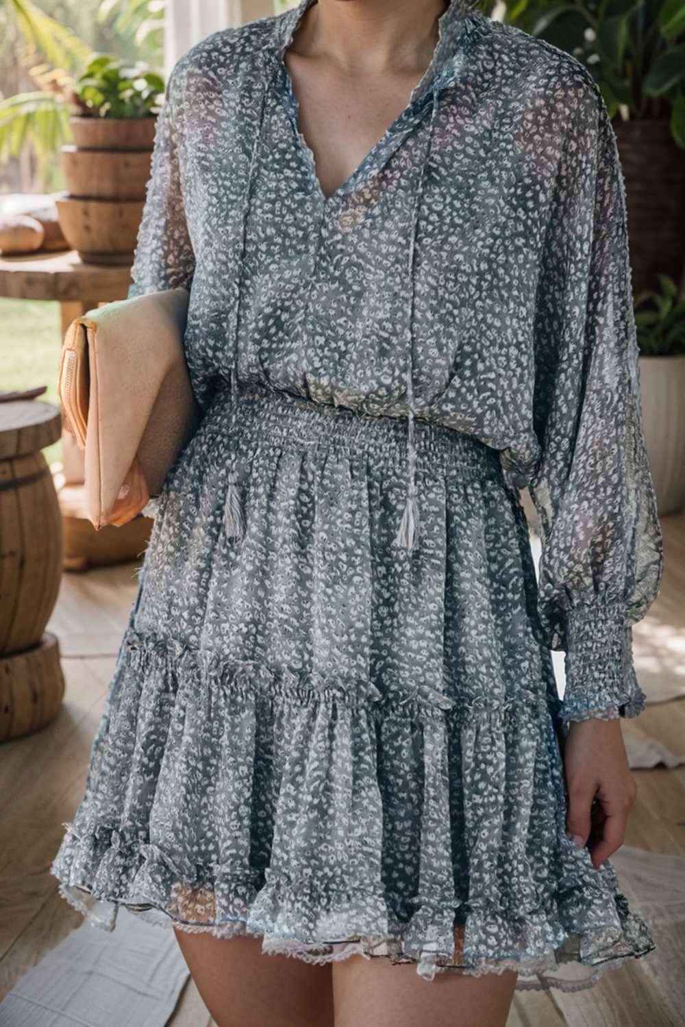 loose leopard print v neck dress drop shoulder a line closed cape paneled 106356