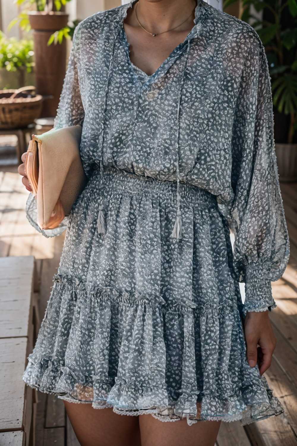 loose leopard print v neck dress drop shoulder a line closed cape paneled 115744