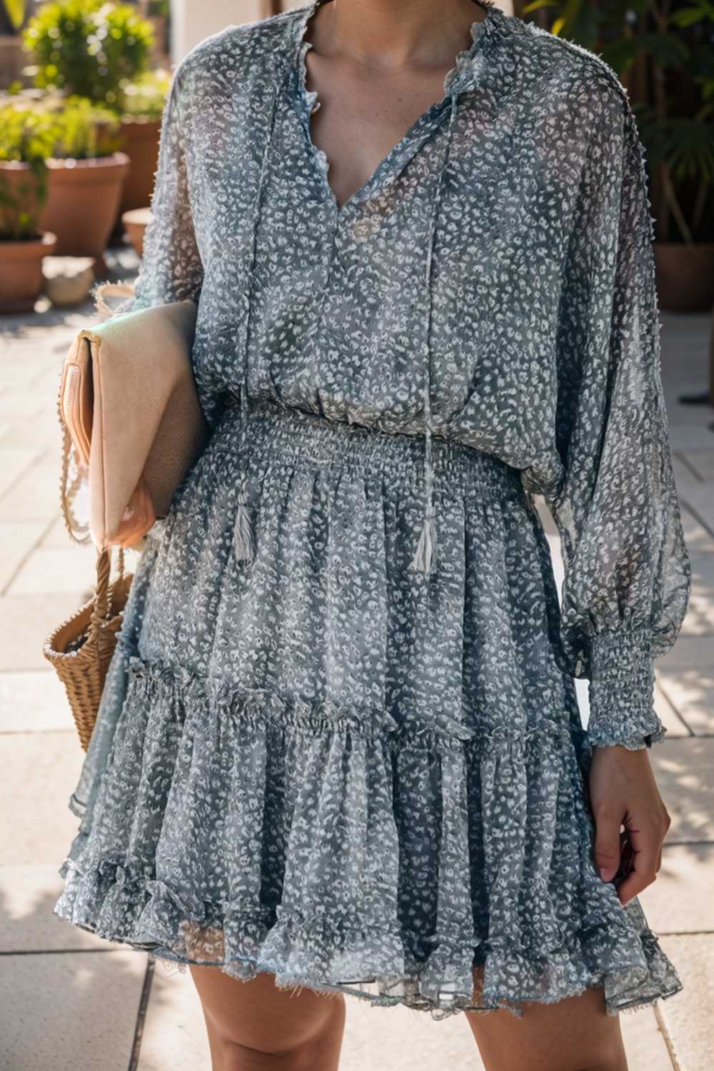 loose leopard print v neck dress drop shoulder a line closed cape paneled 124924