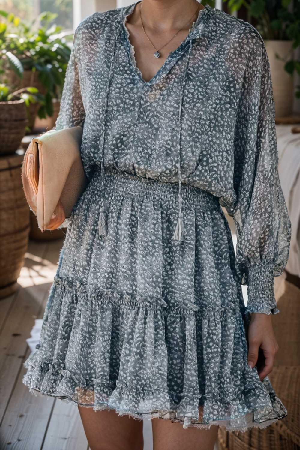 loose leopard print v neck dress drop shoulder a line closed cape paneled 111851
