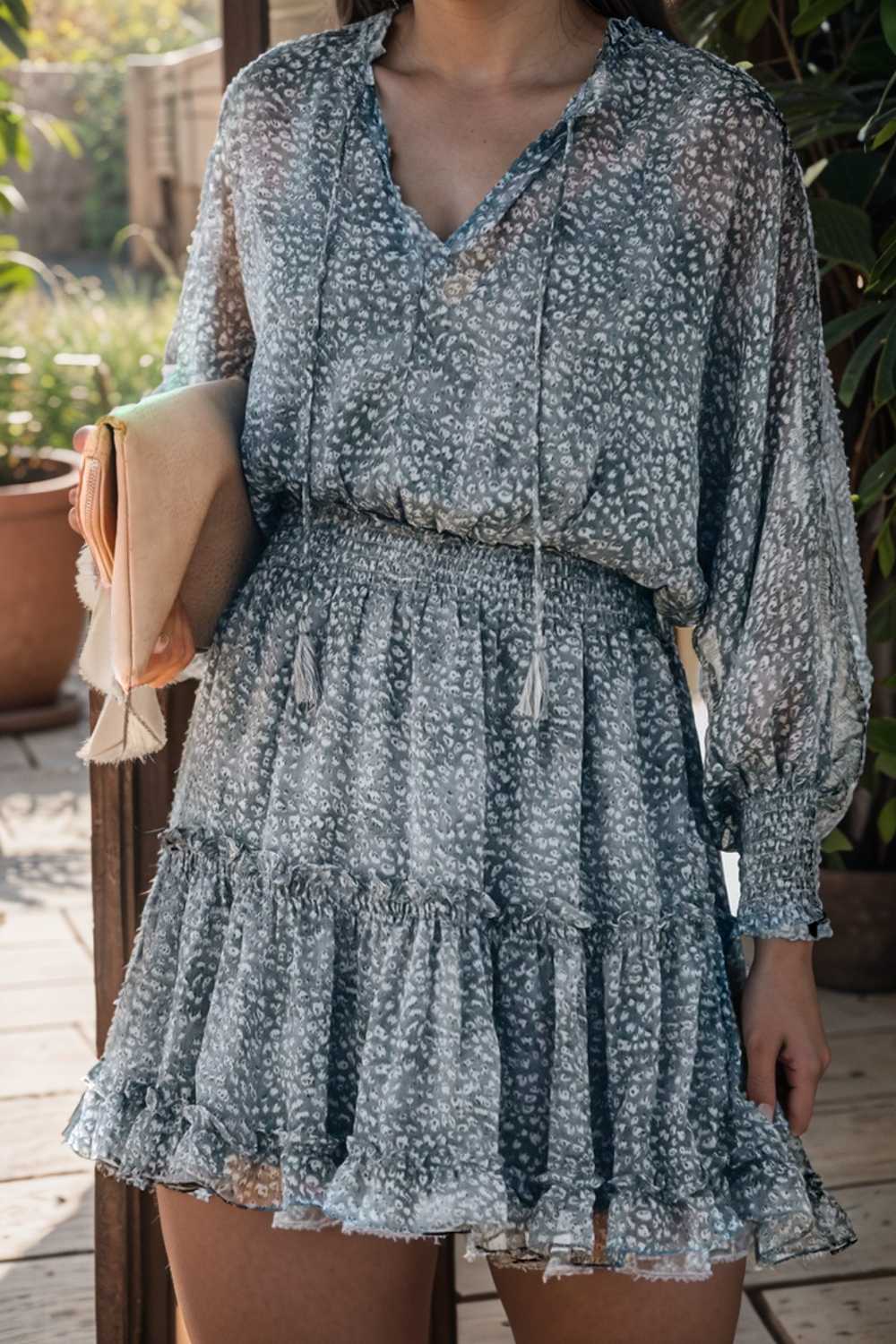 loose leopard print v neck dress drop shoulder a line closed cape paneled 124923
