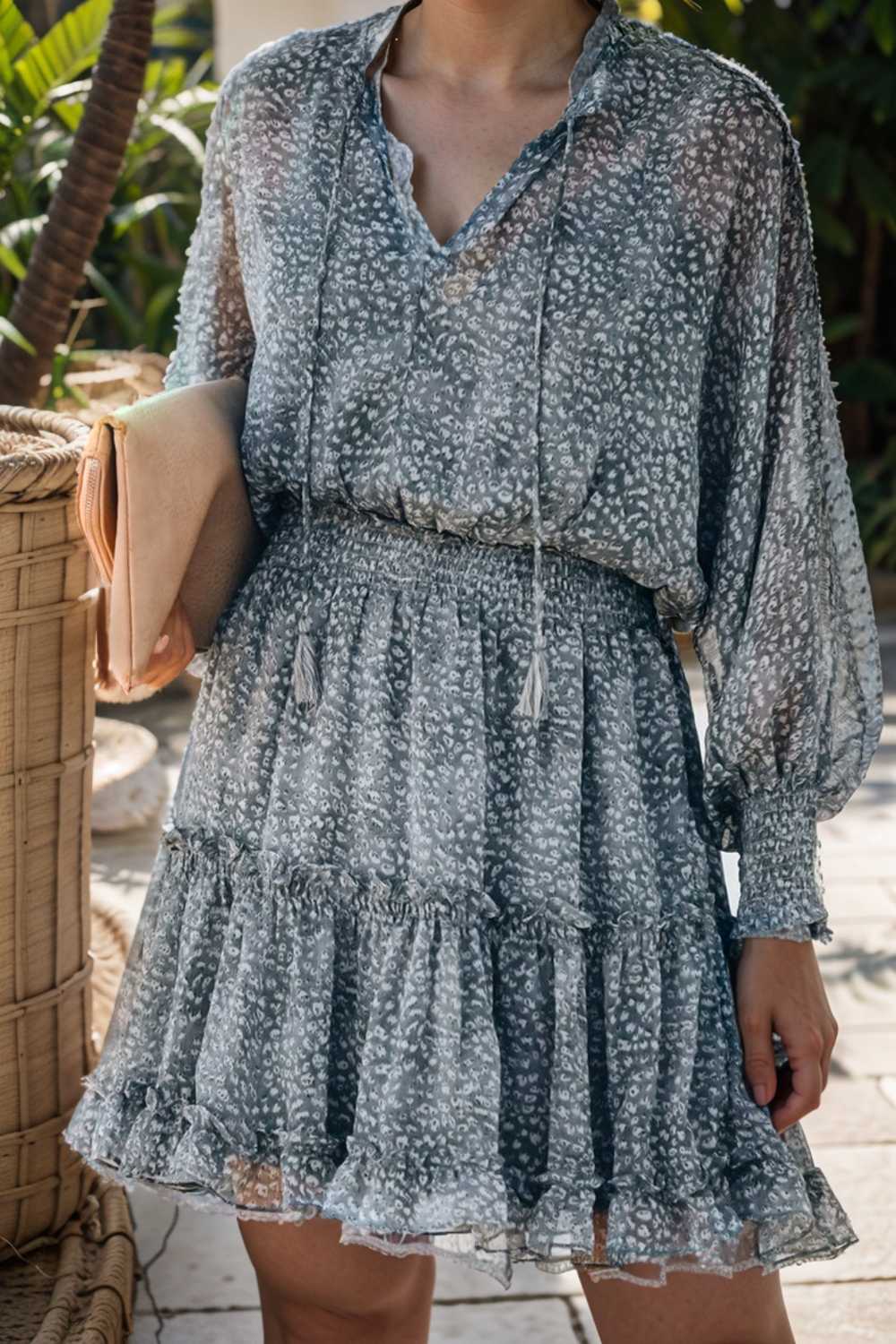 loose leopard print v neck dress drop shoulder a line closed cape paneled 115742