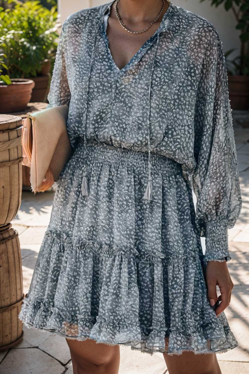 loose leopard print v neck dress drop shoulder a line closed cape paneled 124922