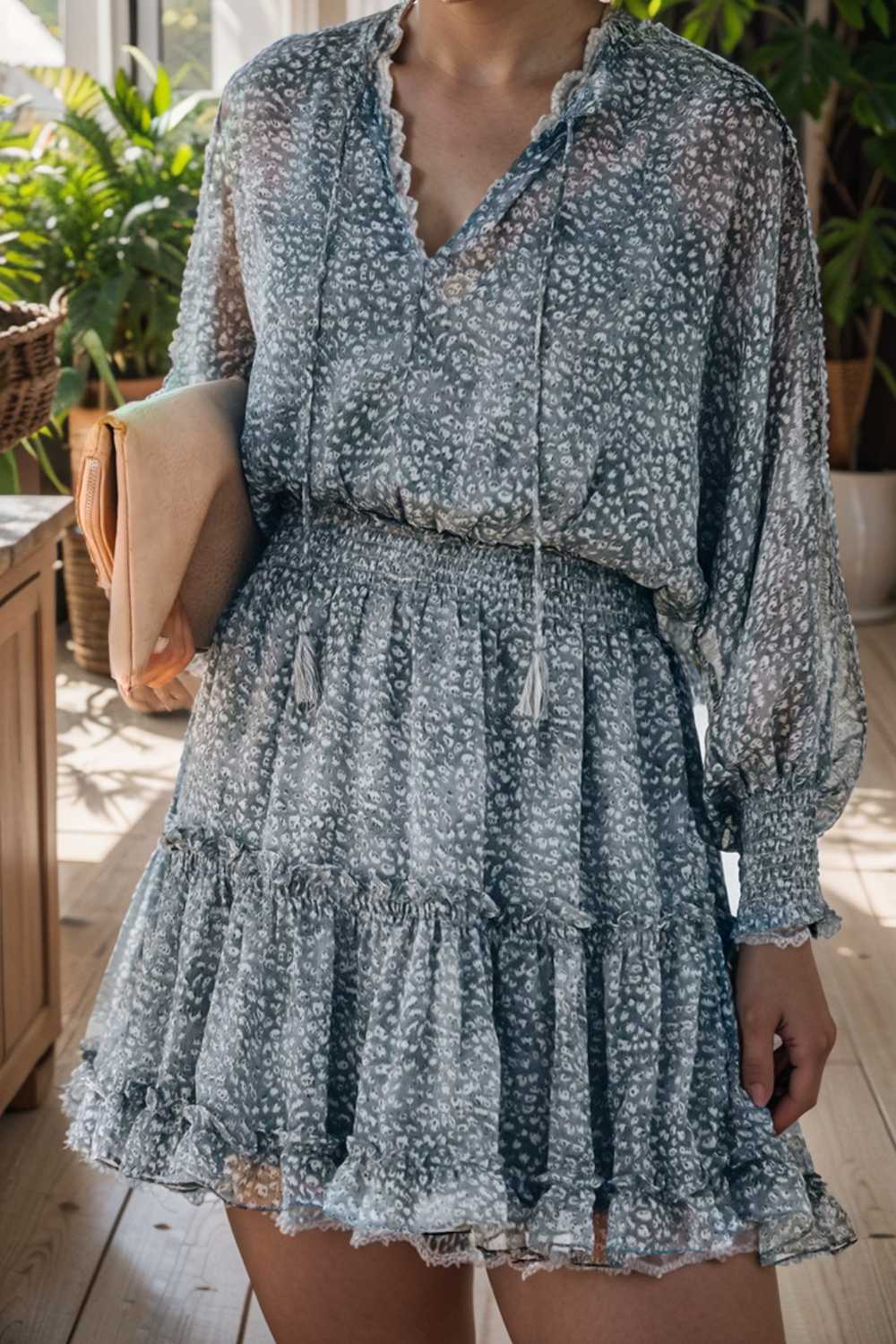 loose leopard print v neck dress drop shoulder a line closed cape paneled 124921