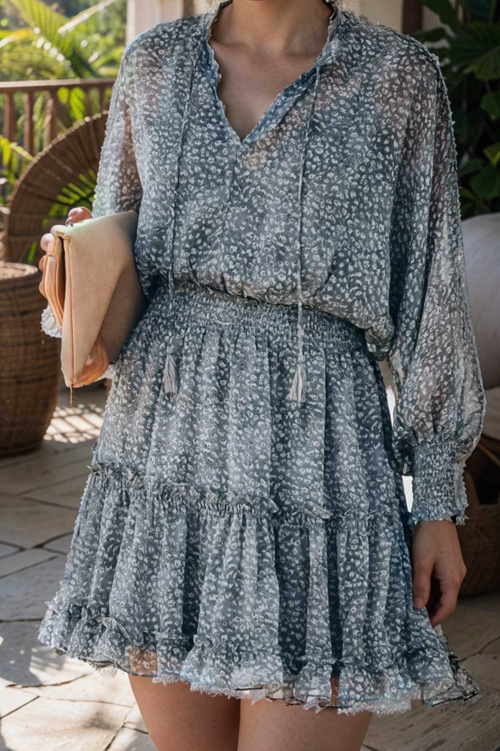 loose leopard print v neck dress drop shoulder a line closed cape paneled 115740