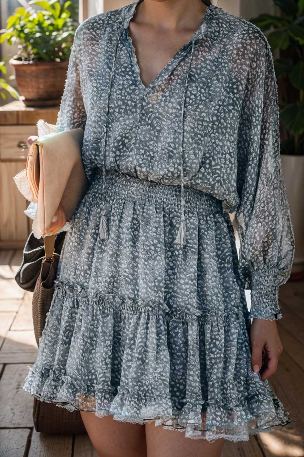 loose leopard print v neck dress drop shoulder a line closed cape paneled 126184
