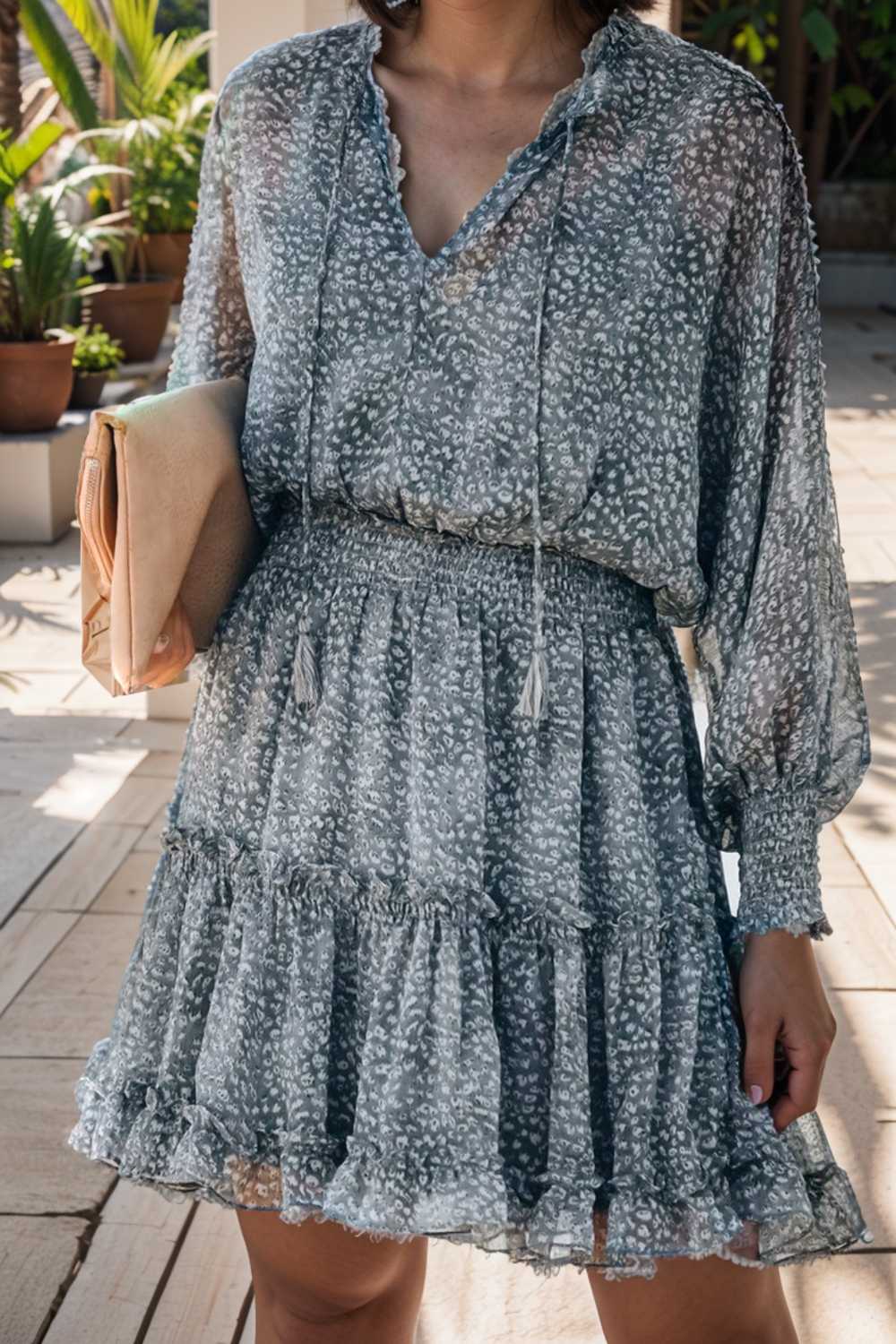 loose leopard print v neck dress drop shoulder a line closed cape paneled 124919