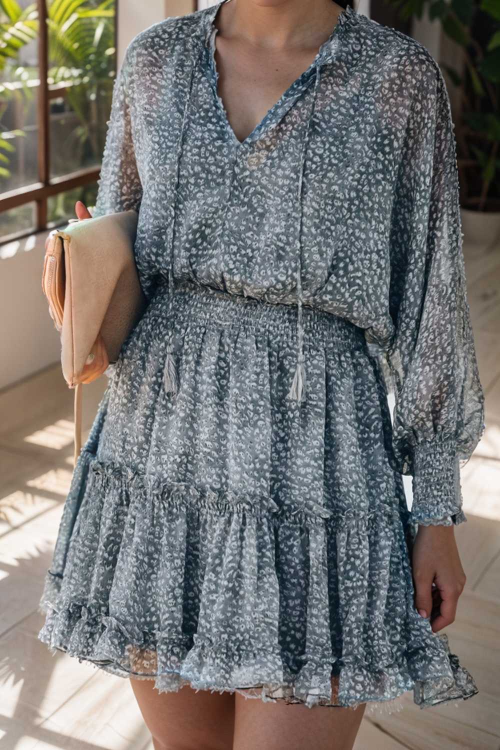 loose leopard print v neck dress drop shoulder a line closed cape paneled 124918