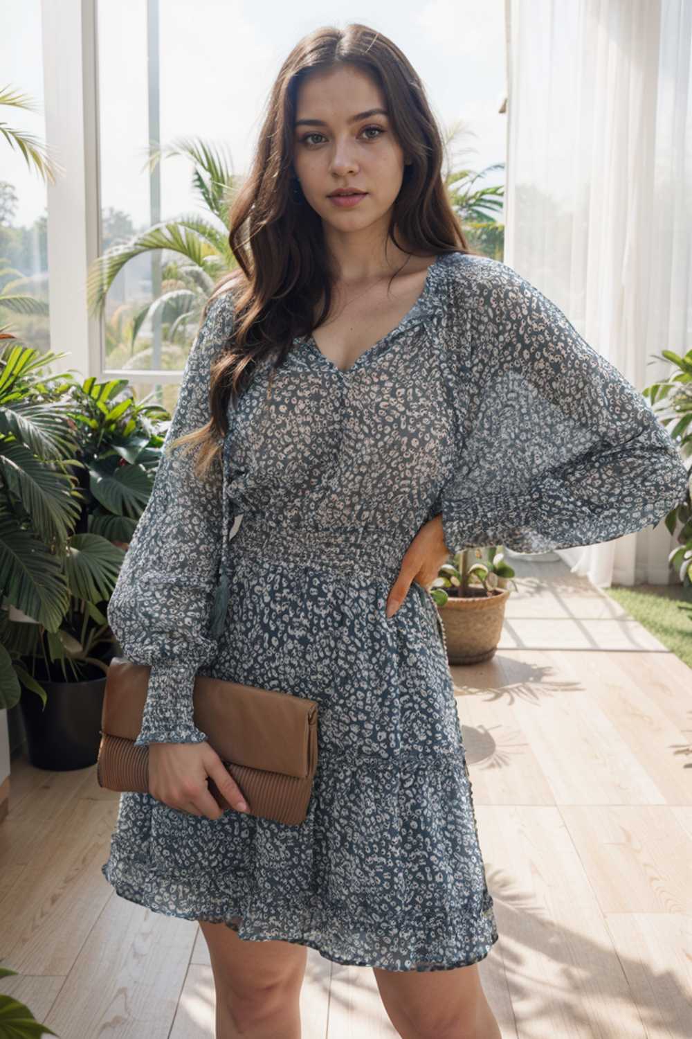 loose leopard print v neck dress drop shoulder a line closed cape paneled 115739