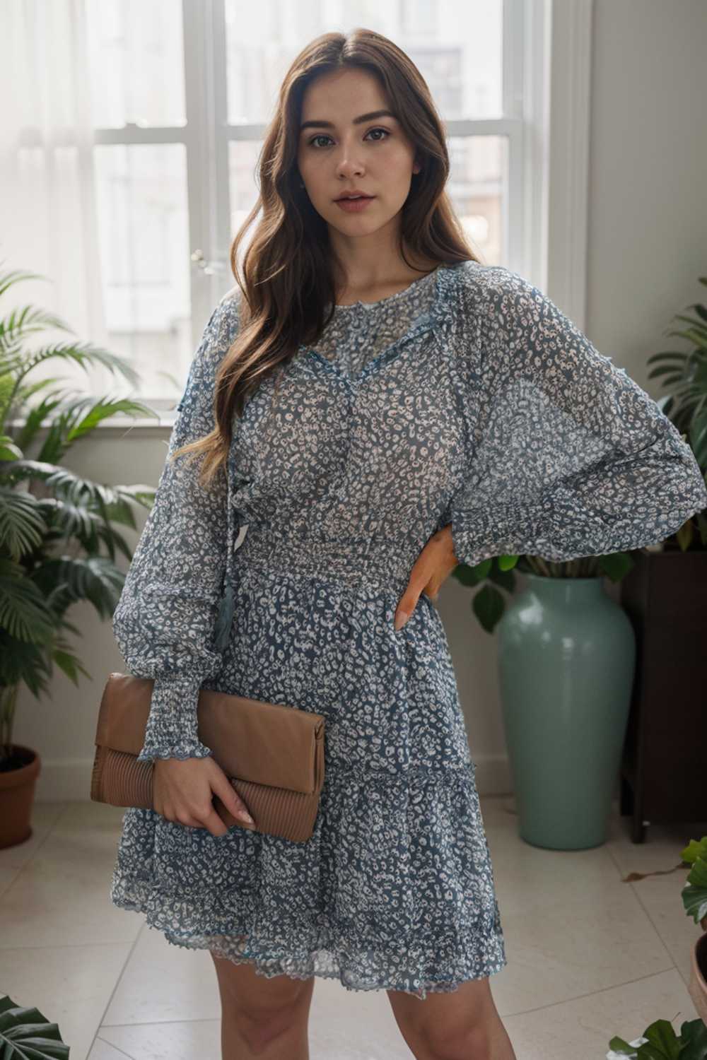 loose leopard print v neck dress drop shoulder a line closed cape paneled 110864