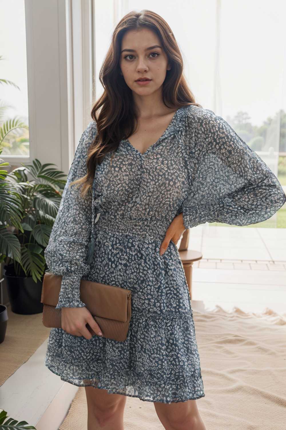 loose leopard print v neck dress drop shoulder a line closed cape paneled 111849