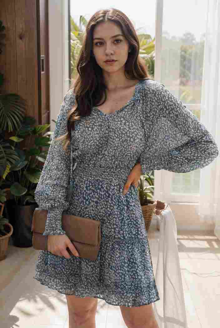 loose leopard print v neck dress drop shoulder a line closed cape paneled 118786