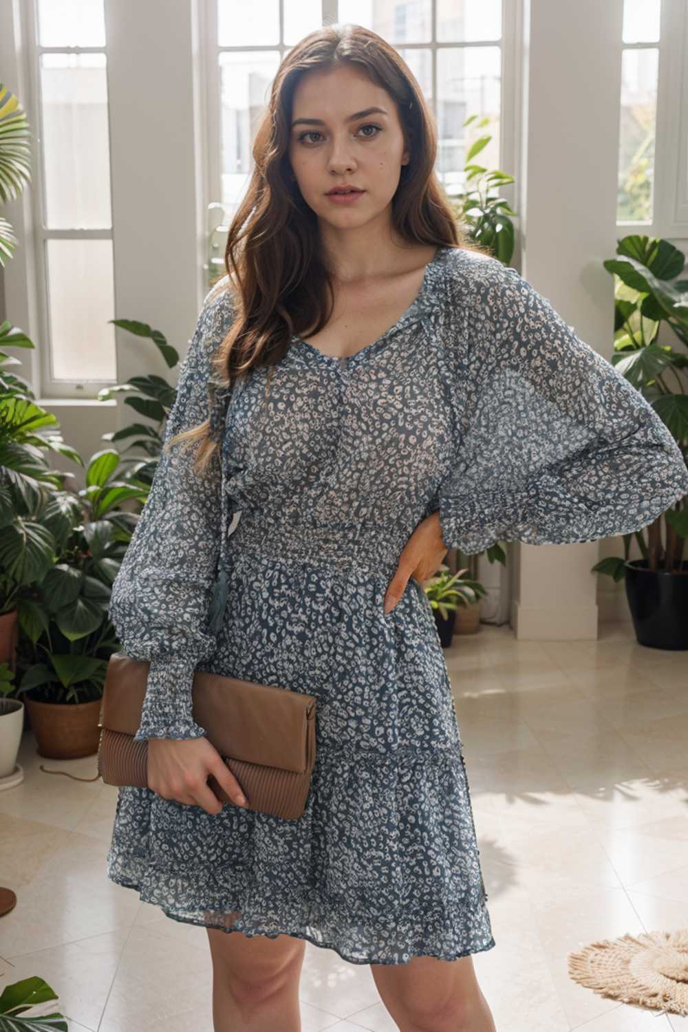 loose leopard print v neck dress drop shoulder a line closed cape paneled 132884