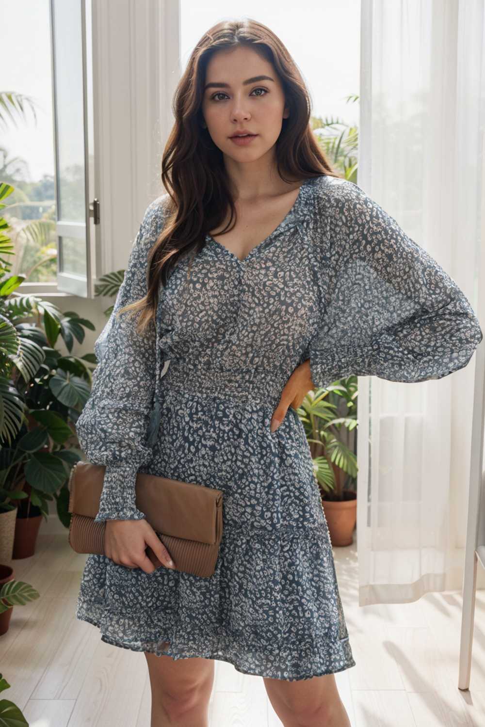 loose leopard print v neck dress drop shoulder a line closed cape paneled 126843
