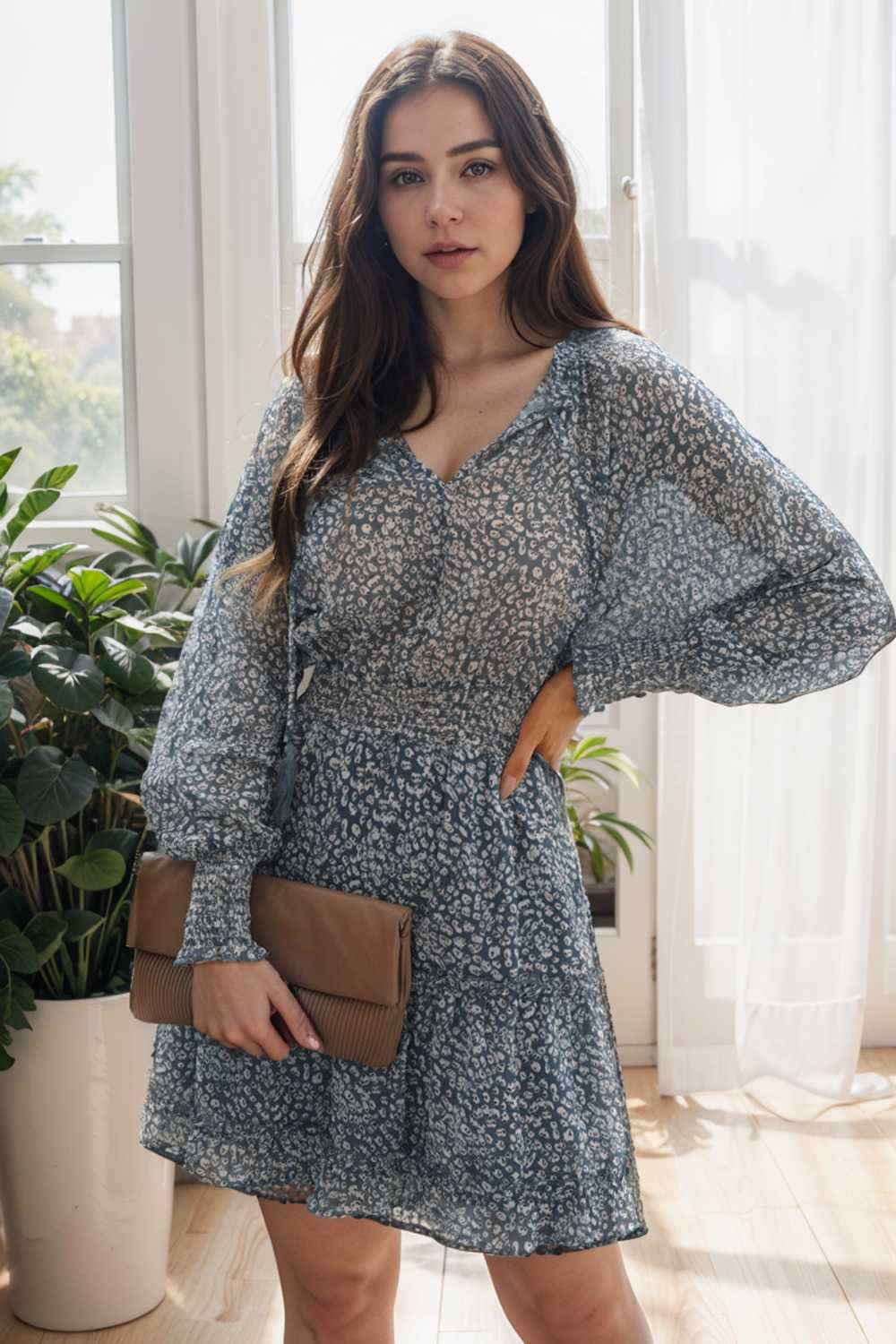 loose leopard print v neck dress drop shoulder a line closed cape paneled 124917