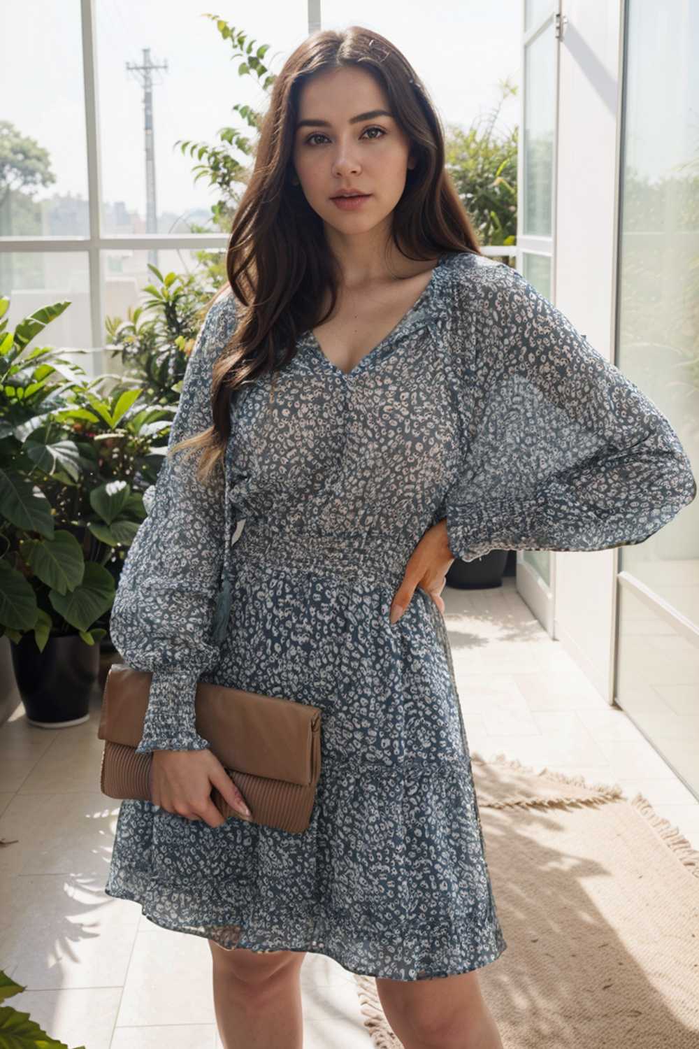 loose leopard print v neck dress drop shoulder a line closed cape paneled 109041