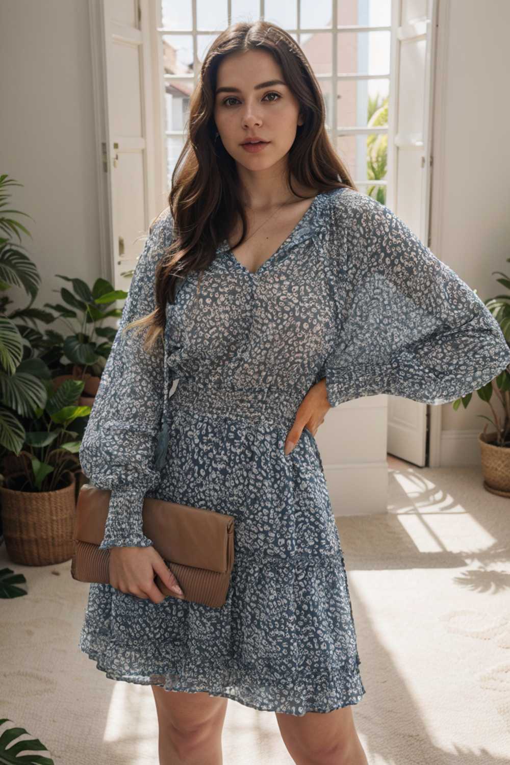 loose leopard print v neck dress drop shoulder a line closed cape paneled 135989