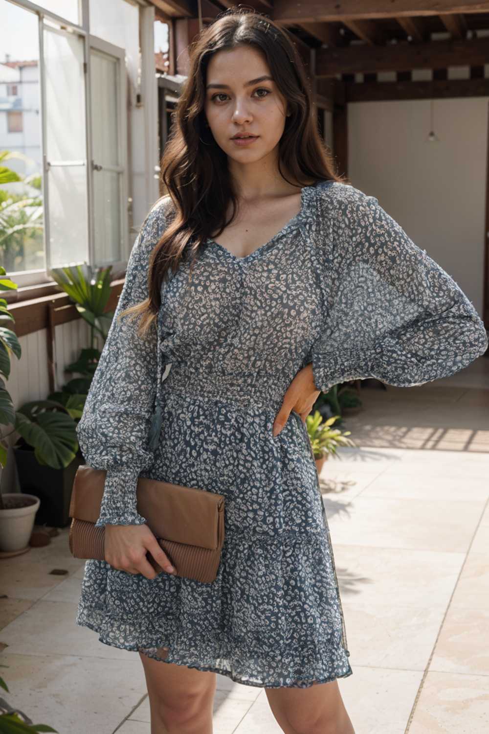 loose leopard print v neck dress drop shoulder a line closed cape paneled 129652