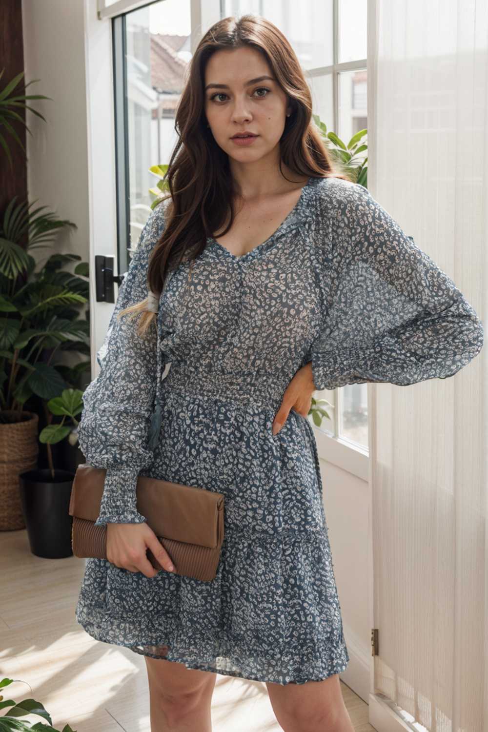 loose leopard print v neck dress drop shoulder a line closed cape paneled 111848