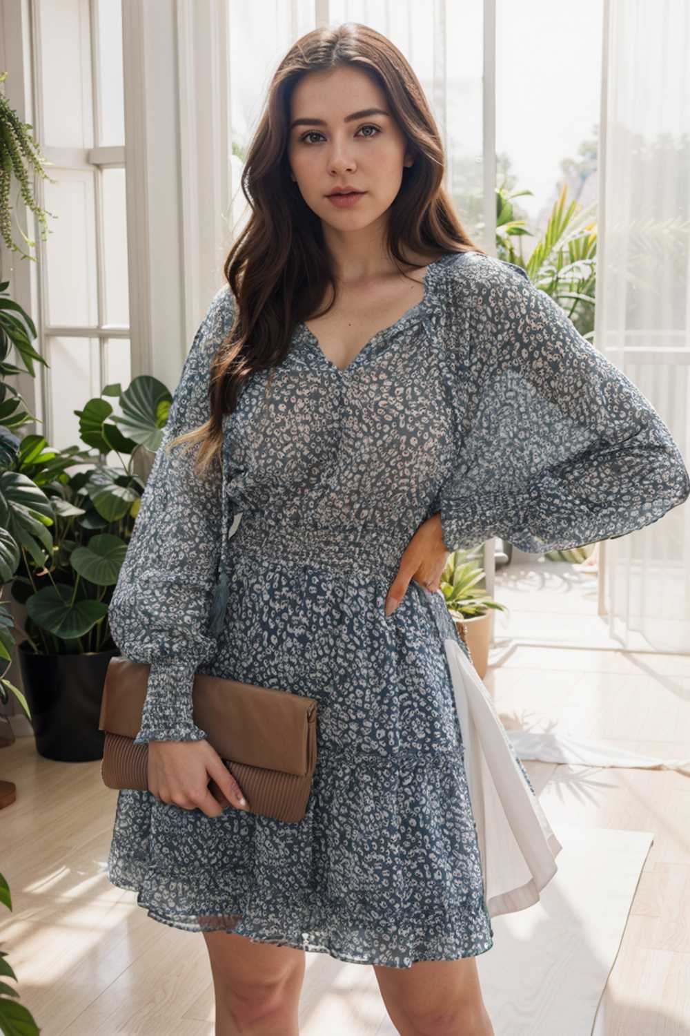 loose leopard print v neck dress drop shoulder a line closed cape paneled 126182