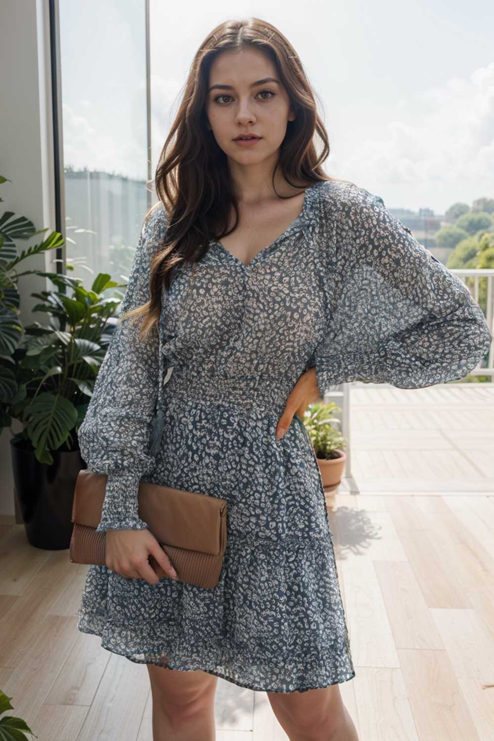 loose leopard print v neck dress drop shoulder a line closed cape paneled 115738