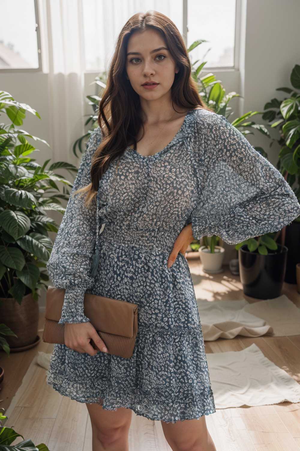 loose leopard print v neck dress drop shoulder a line closed cape paneled 132883