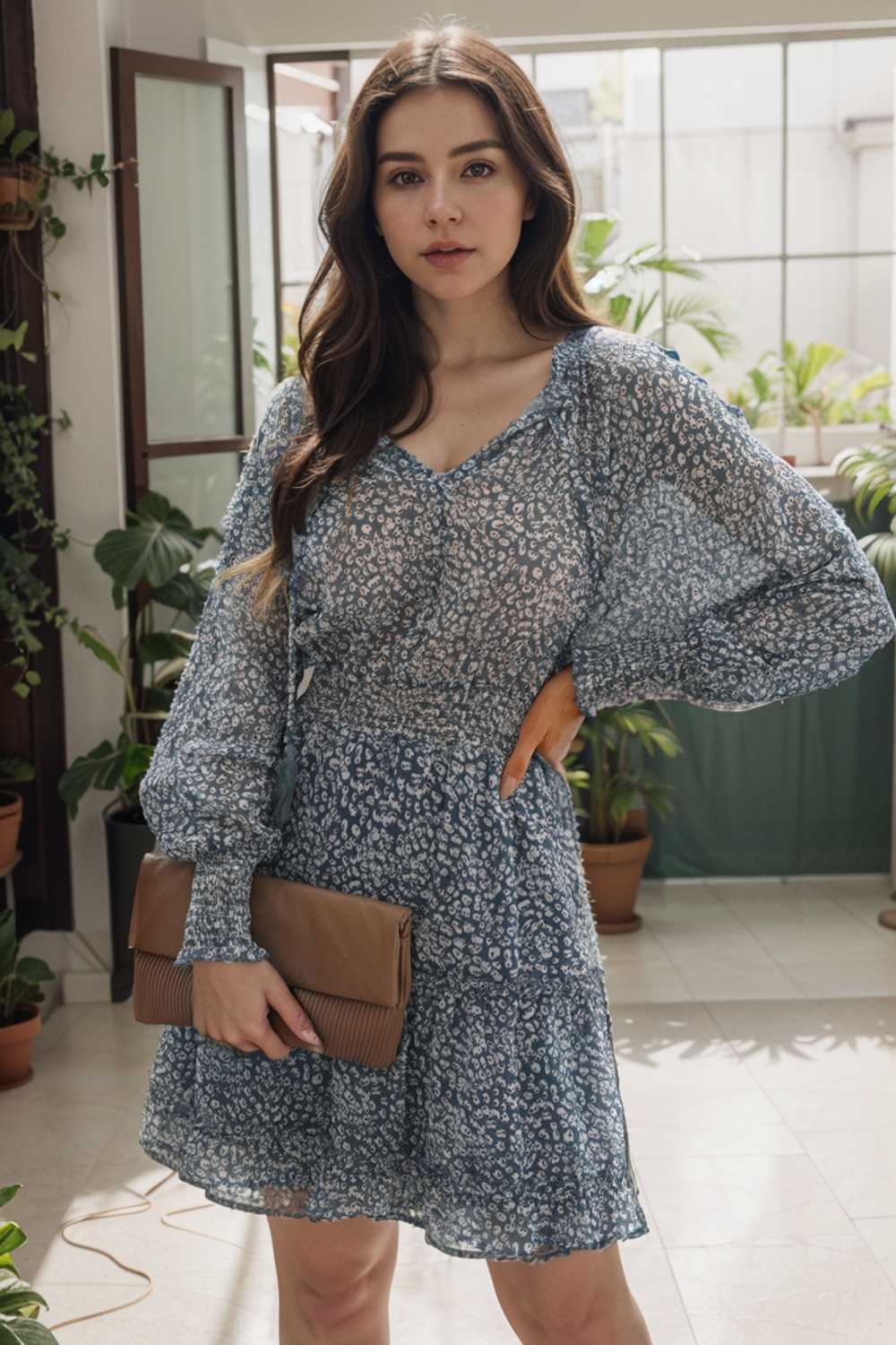 loose leopard print v neck dress drop shoulder a line closed cape paneled 142063