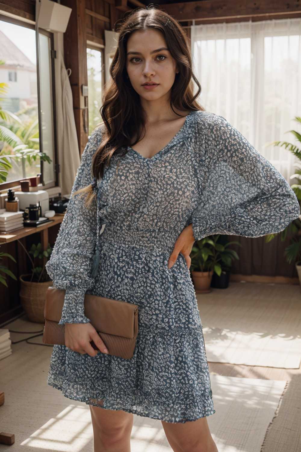 loose leopard print v neck dress drop shoulder a line closed cape paneled 111847