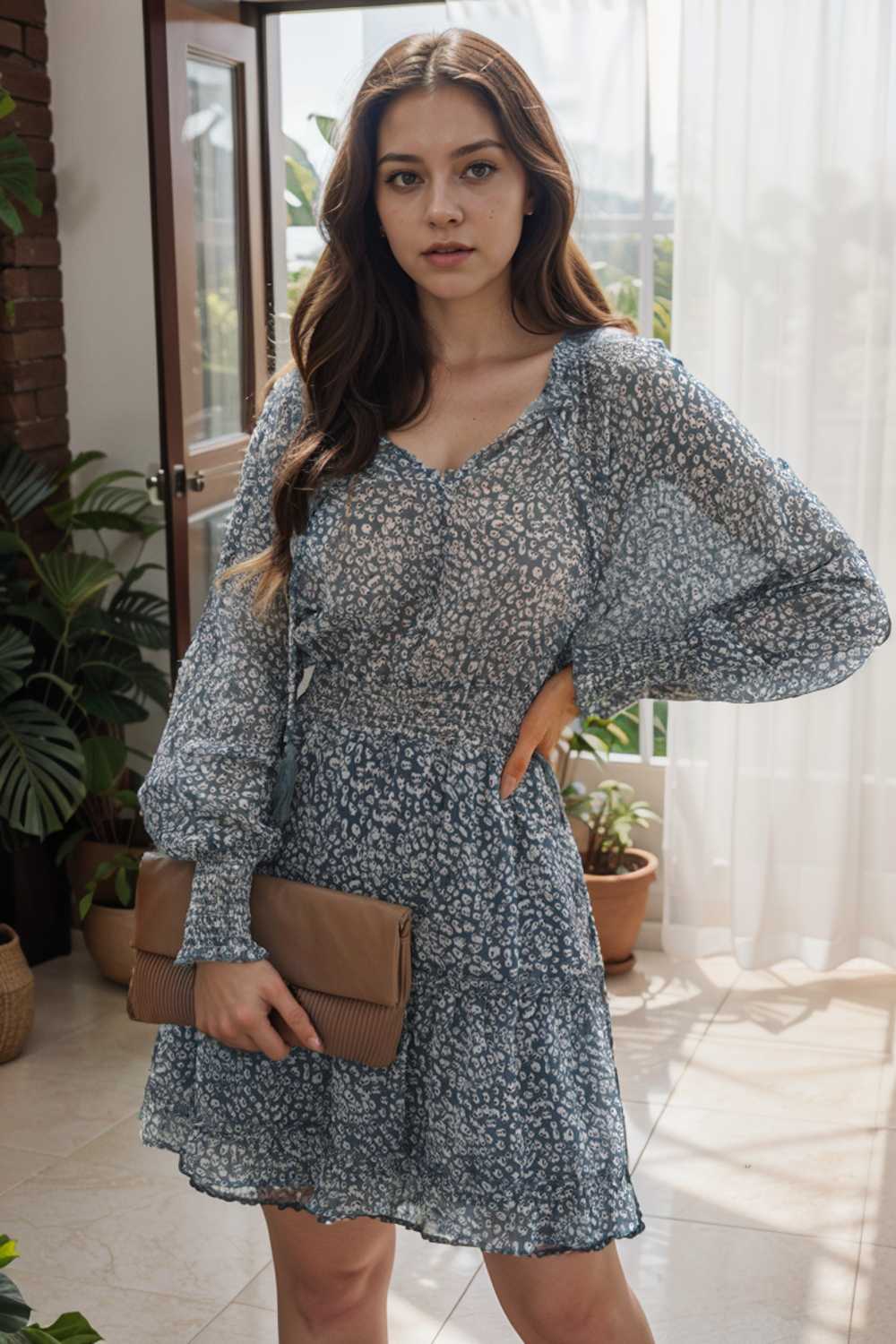 loose leopard print v neck dress drop shoulder a line closed cape paneled 115737