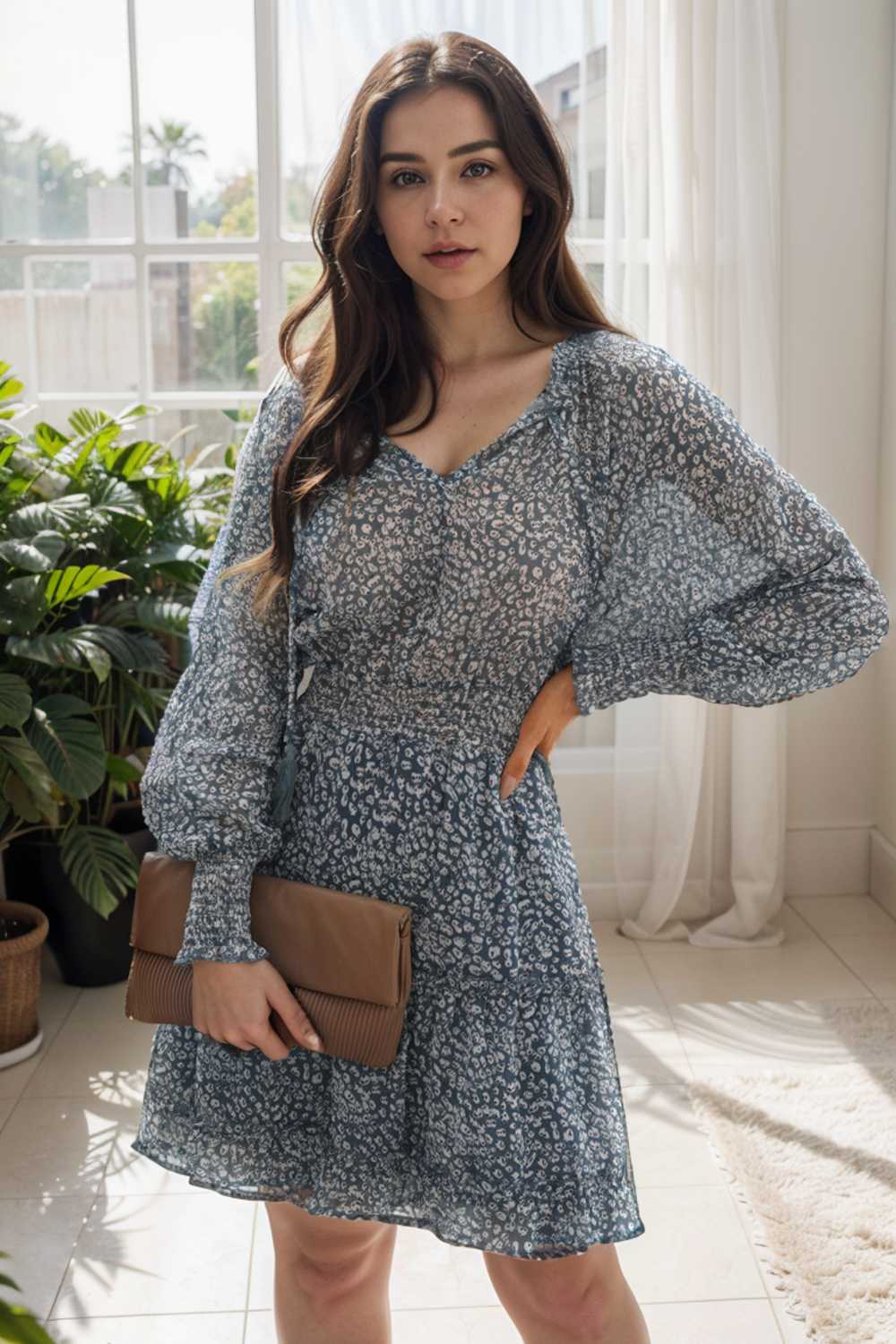 loose leopard print v neck dress drop shoulder a line closed cape paneled 126180