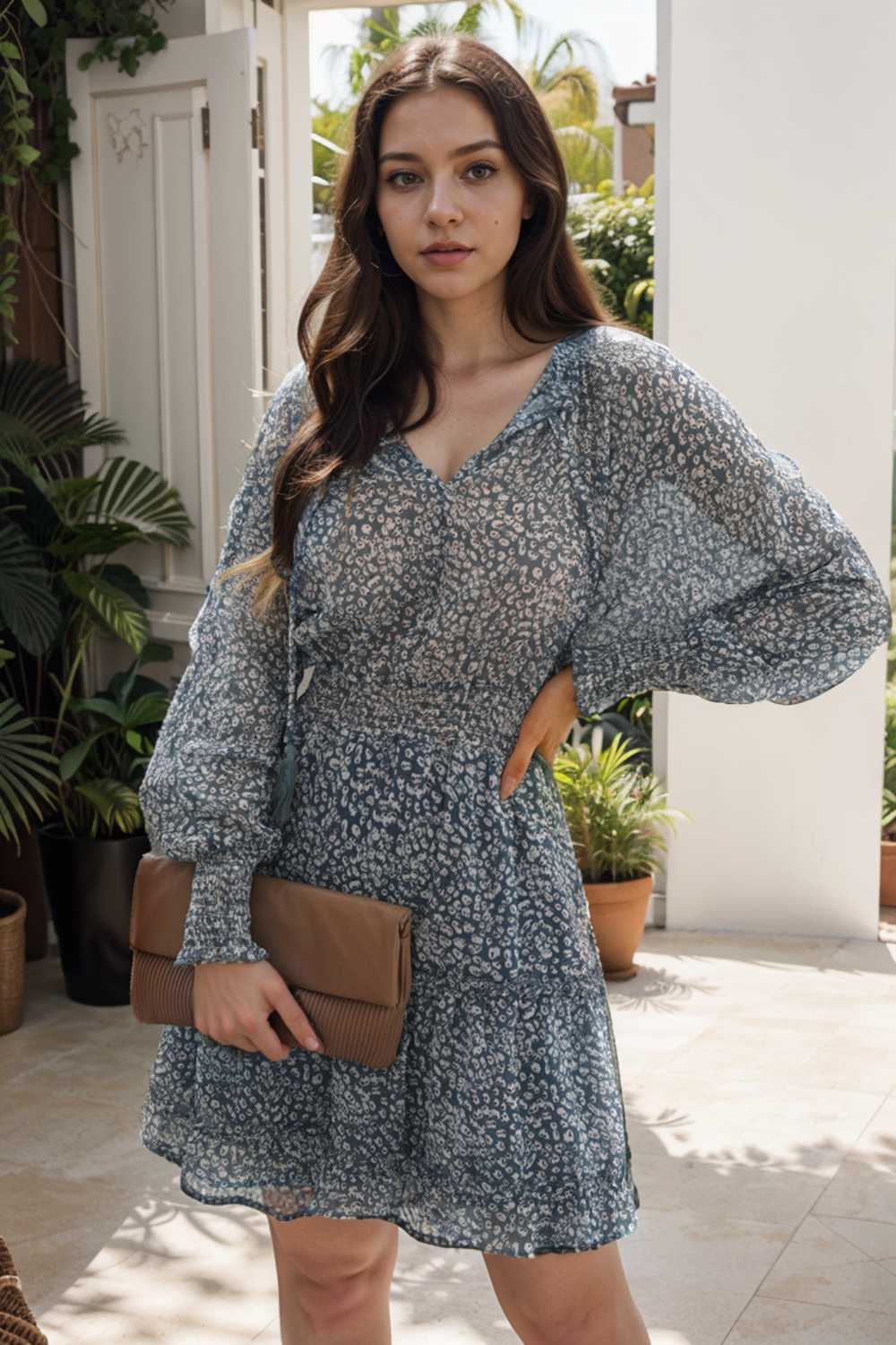 loose leopard print v neck dress drop shoulder a line closed cape paneled 132881