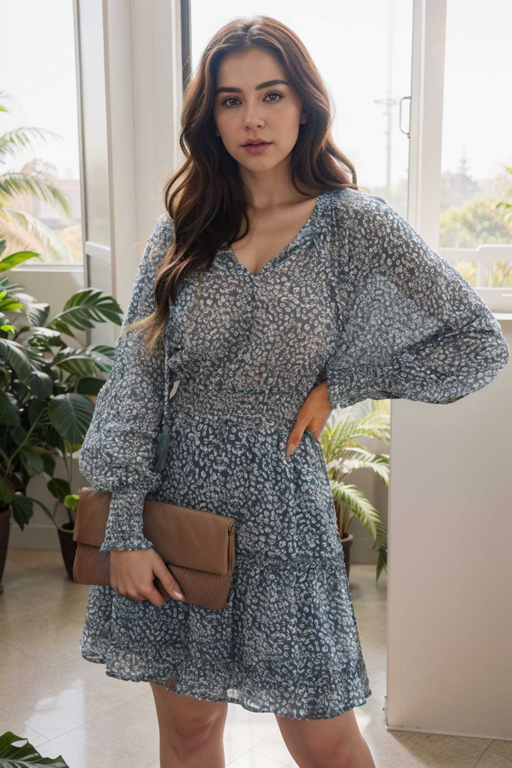 loose leopard print v neck dress drop shoulder a line closed cape paneled 124914